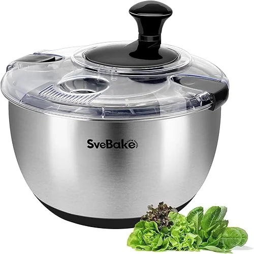 svebake 4.8qt stainless steel salad spinner crank design clear lid